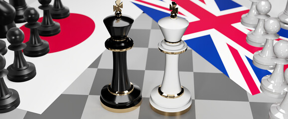 Japan and UK England conflict, clash, crisis and debate between those two countries that aims at a trade deal and dominance symbolized by a chess game with national flags, 3d illustration