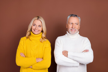 Portrait of two attractive cheerful curious grey-haired people folded arms deciding isolated over brown color background