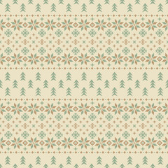 Vector classic christmas seamless pattern with stylized spruces and snowflakes. Light ornate geometric background in scandinavian style for fabric, wrapping paper, packaging and wallpaper