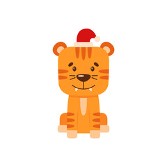 Cute little tiger sitting in a red santa hat. Simple cartoon flat illustration of a wild animal. Character for children. Symbol of the new year 2022.