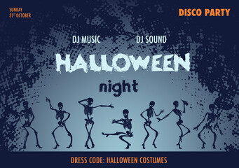 Dancing skeletons. Dark blue Halloween party flyer template. A4 format. EPS10 Vector illustration.