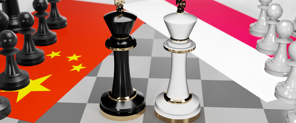 China and Poland conflict, clash, crisis and debate between those two countries that aims at a trade deal and dominance symbolized by a chess game with national flags, 3d illustration