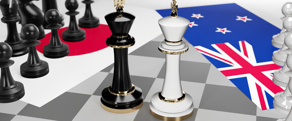 Japan and New Zealand conflict, clash, crisis and debate between those two countries that aims at a trade deal and dominance symbolized by a chess game with national flags, 3d illustration