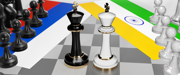 Russia and India conflict, clash, crisis and debate between those two countries that aims at a trade deal and dominance symbolized by a chess game with national flags, 3d illustration