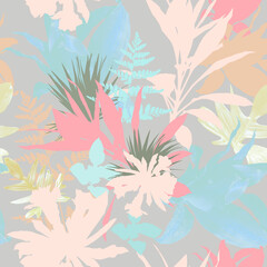 Seamless pattern with pink and yellow leaves on grey background
