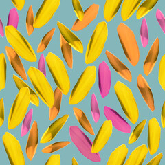 Seamless pattern with pink and yellow leaves on blue background