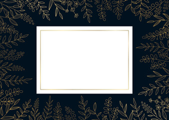 花のデザインフレーム　線画のイラスト　ネイビーの背景にゴールド
