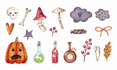 A set of illustrations for Halloween. Watercolour. Autumn. Holiday. Season. Beautiful. Handmade work. Design. Pattern. Art. Print. Stars. Mushrooms. Symbols. October. Potion. Mushrooms.