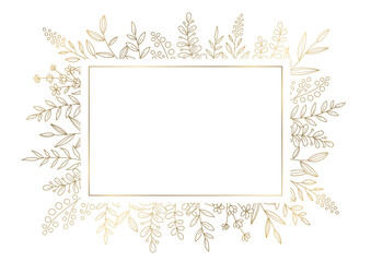 花のデザインフレーム　線画のイラスト　白の背景にゴールド