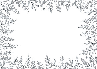 花のデザインフレーム　線画のイラスト　白の背景にネイビー