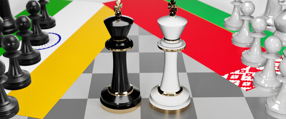 India and Belarus conflict, clash, crisis and debate between those two countries that aims at a trade deal and dominance symbolized by a chess game with national flags, 3d illustration