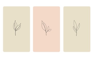Plan minimalist one line posters. One line hand drawn leaves with pastel colours. Vector illustration isolated on white background.
