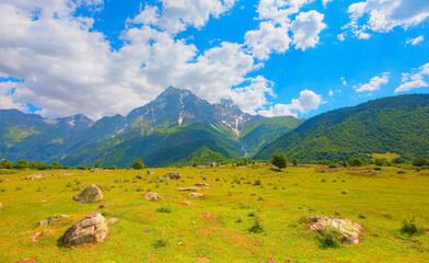 Fototapeta premium Beautiful mountain valley landscape with green grass meadow - Georgia