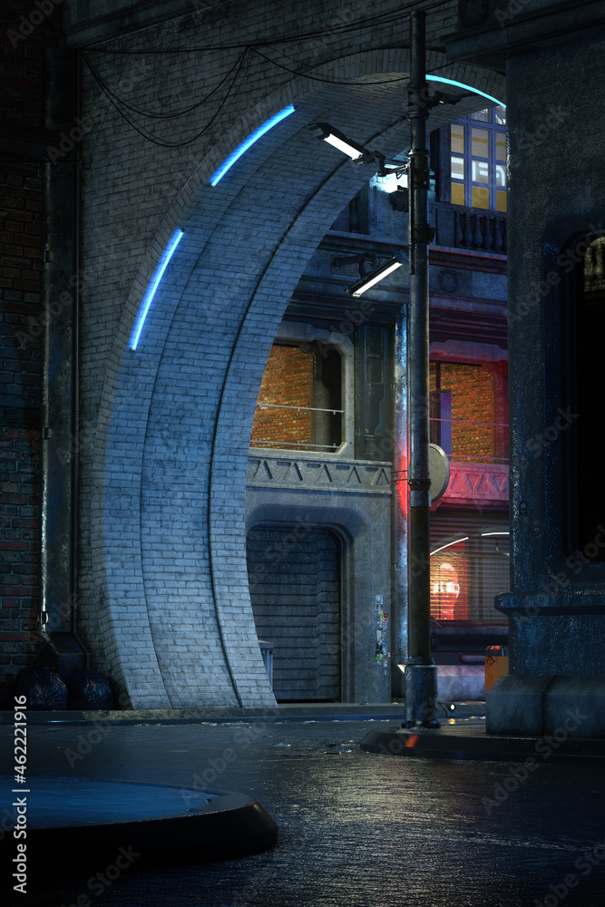 Poster portrait format 3d rendering of a dark moody street corner scene in a downtown cyberpunk future city