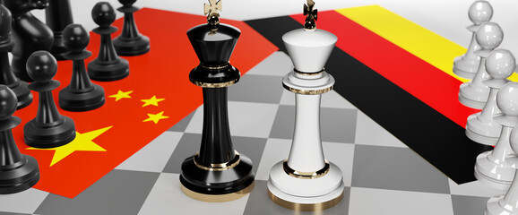 China and Germany conflict, clash, crisis and debate between those two countries that aims at a trade deal and dominance symbolized by a chess game with national flags, 3d illustration