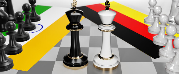India and Germany conflict, clash, crisis and debate between those two countries that aims at a trade deal and dominance symbolized by a chess game with national flags, 3d illustration