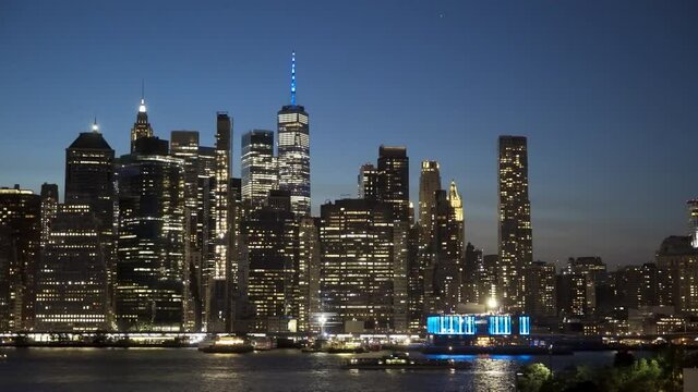 Pan Of Downtown Manhattan With September 11th Memorial Lights