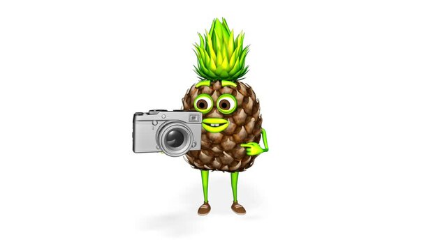 3D character Pineapple Shows Camera Loop on White Background