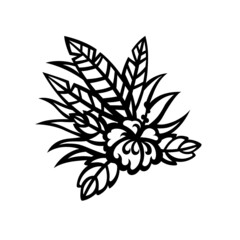 Tropical flower stencil. Floral template. Isolated hibiscus with palm tree leaves. Foliage pattern