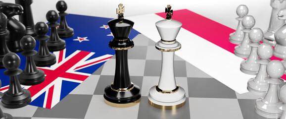 New Zealand and Poland conflict, clash, crisis and debate between those two countries that aims at a trade deal and dominance symbolized by a chess game with national flags, 3d illustration