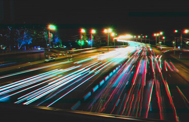 Fototapeta na wymiar Night traffic in Krasnoyarsk city with glitch effect. Bright background with imitation of technical distortion.