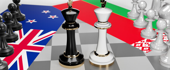 New Zealand and Belarus conflict, clash, crisis and debate between those two countries that aims at a trade deal and dominance symbolized by a chess game with national flags, 3d illustration