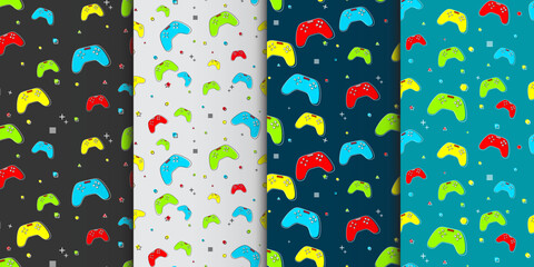 Set of game pad pattern flat style with dark background. Online technology concept. Web button. Logo design. Play button print. Poster design. Vector illustration. Memphis pattern. © Goldenboy_14