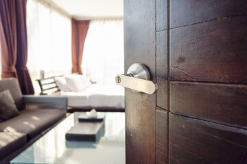 half-open the wooden old door blur bedroom  background