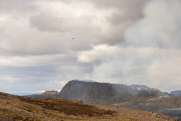 Spectacular helicopter tour over the lava fields and Fagradalsfjall volcano crater, Iceland.