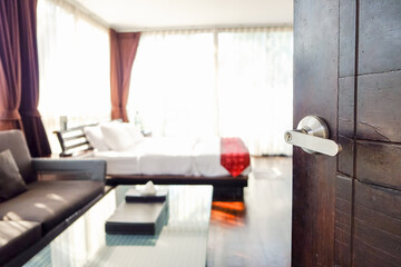 half-open the wooden old door blur bedroom  background