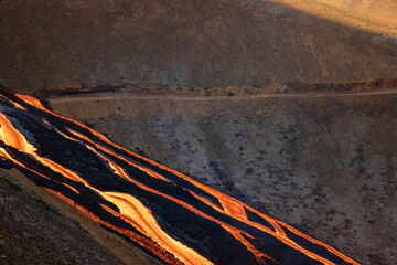 Patterns of lava from an active volcano eruption. Mount Fagradalsfjall, Iceland