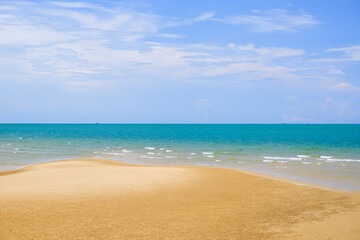 Fototapeta na wymiar Tropical beach seaside and blue sky at Pran Buri beach in Prachuap Khiri Khan Province Thailand