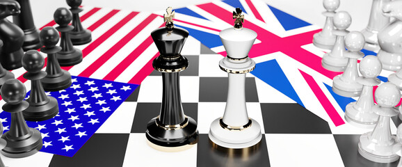 USA and UK England conflict, clash, crisis and debate between those two countries that aims at a trade deal and dominance symbolized by a chess game with national flags, 3d illustration
