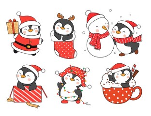 Draw funny penguins for christmas and new year