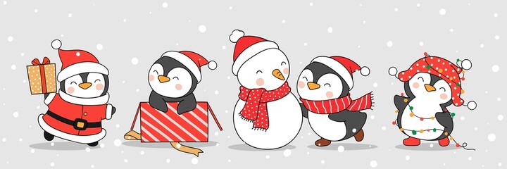 Draw cute penguin and snowman in winter for christmas © anchalee