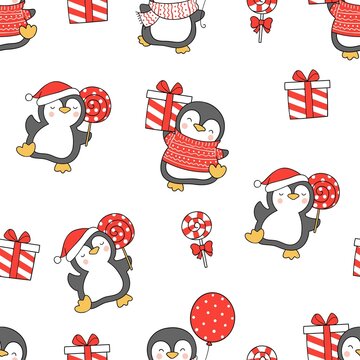 Draw seamless pattern penguins for christmas and new year