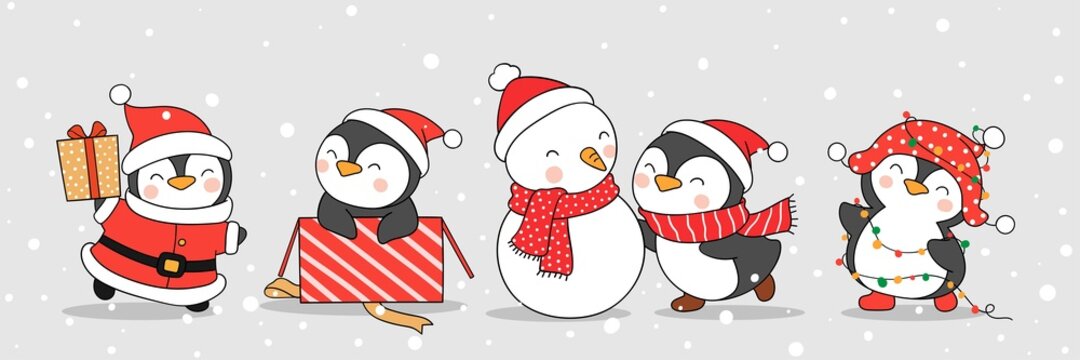 Draw cute penguin and snowman in winter for christmas
