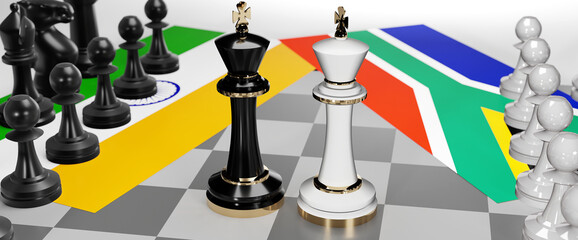 India and South Africa conflict, clash, crisis and debate between those two countries that aims at a trade deal and dominance symbolized by a chess game with national flags, 3d illustration