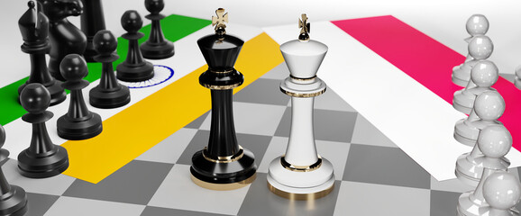 India and Poland conflict, clash, crisis and debate between those two countries that aims at a trade deal and dominance symbolized by a chess game with national flags, 3d illustration