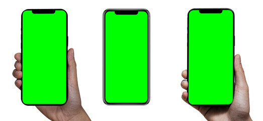 Smartphone similar to iphone 13 pro max with blank white green screen for Infographic Global Business Marketing Plan , mockup model similar to iPhone 13 isolated Background of investment economy.