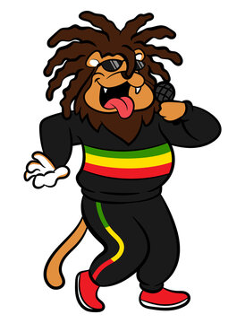 Dreadlock lion cartoon character wearing sunglasses, jacket and training pants with rastafarian flag colors, singing a reggae song with microphone, best for logo and mascot with reggae themes