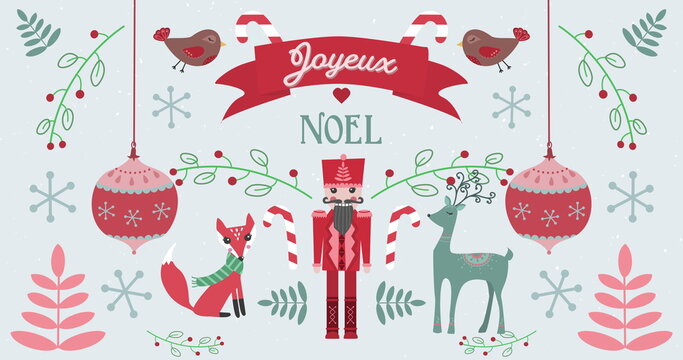 Image of Joyeux Noel words with animals on Christmas decorations background