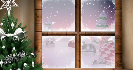 Image of snow falling over christmas winter scenery