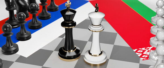 Russia and Belarus conflict, clash, crisis and debate between those two countries that aims at a trade deal and dominance symbolized by a chess game with national flags, 3d illustration