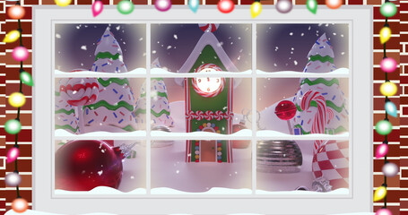 Image of christmas winter scenery with decorated trees and house