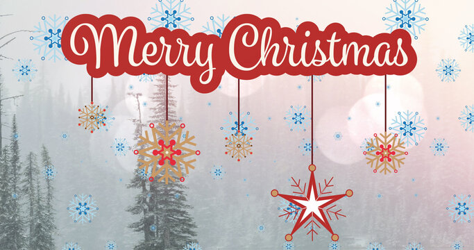 Image of merry christmas text over winter scenery with fir trees