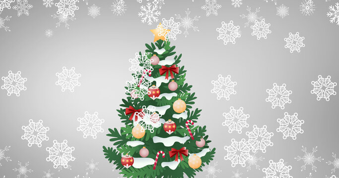 Image of christmas tree and snow falling on white background
