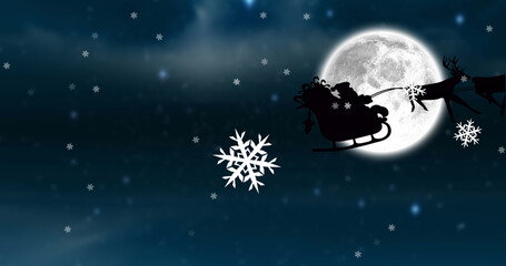 Obraz na płótnie Canvas Image of santa claus in sleigh with reindeer at christmas, over snow falling, moon and sky