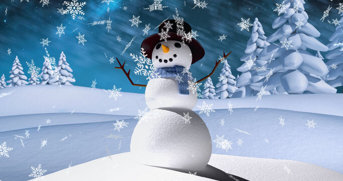 Image of snow falling over winter landscape with snowman and trees at christmas