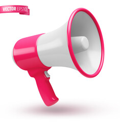 Vector realistic illustration of a pink and white megaphone on a white background.